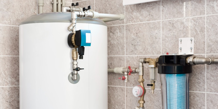 House water heating boiler with pump, ball valves and filters